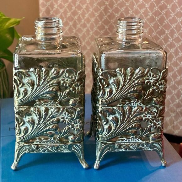 Vintage Glass Bottles 4.5” Tall in Silver Ornate Stands – Pair - Picture 3 of 3